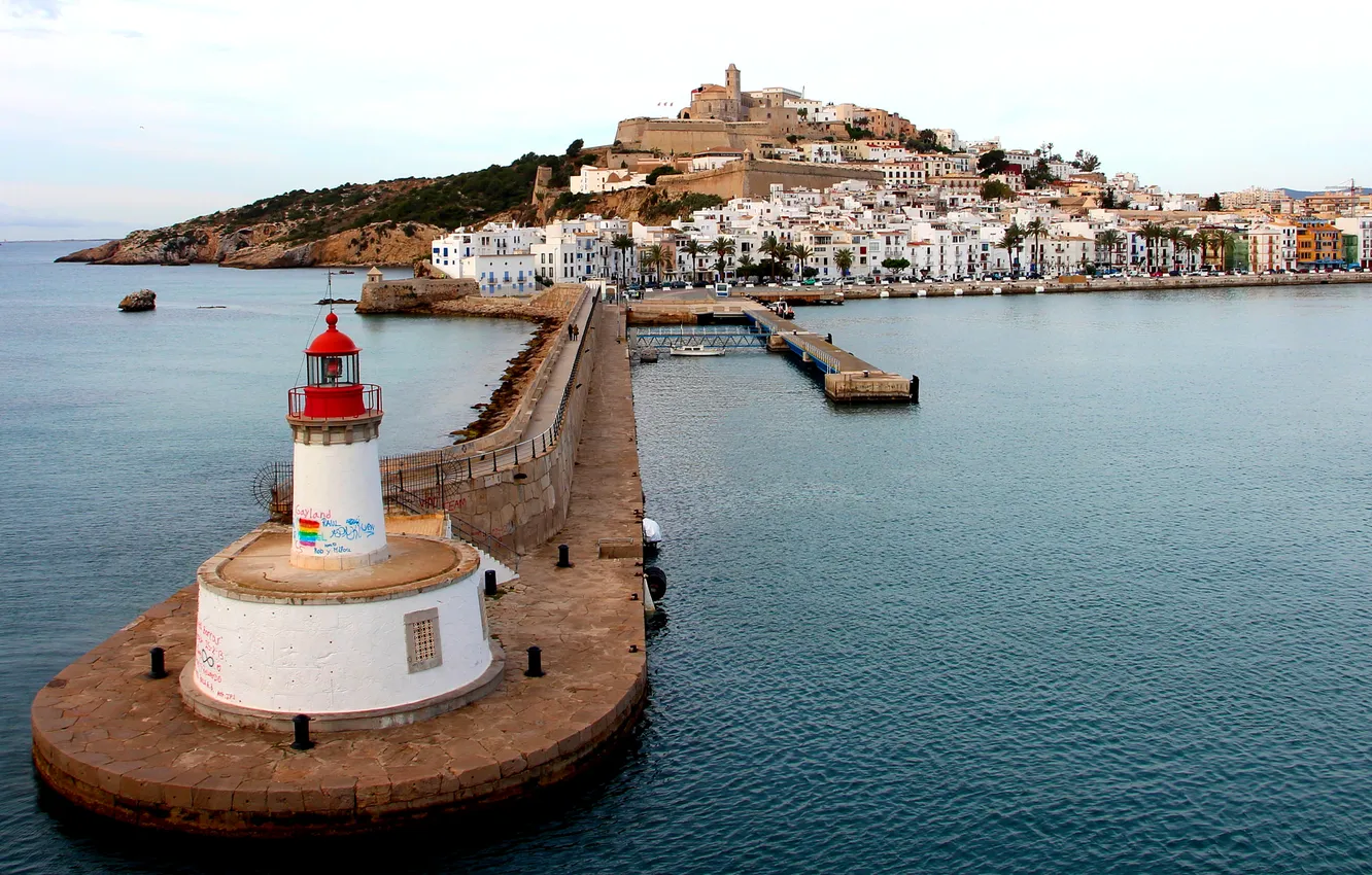 Photo wallpaper sea, the sky, the city, lighthouse, island, home, Spain, Ibiza
