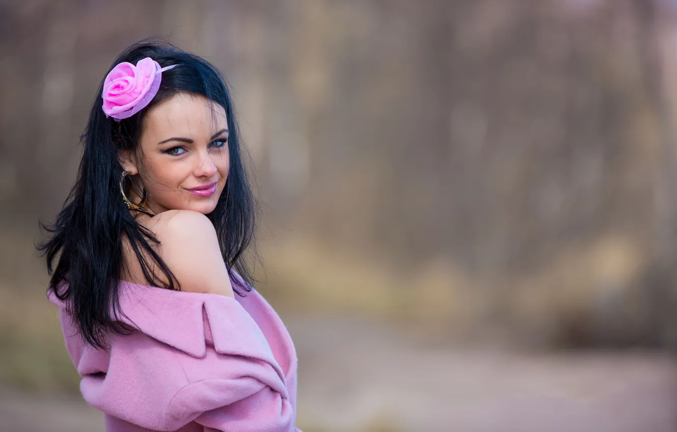 Photo wallpaper flowers, model, brunette, coat, katie