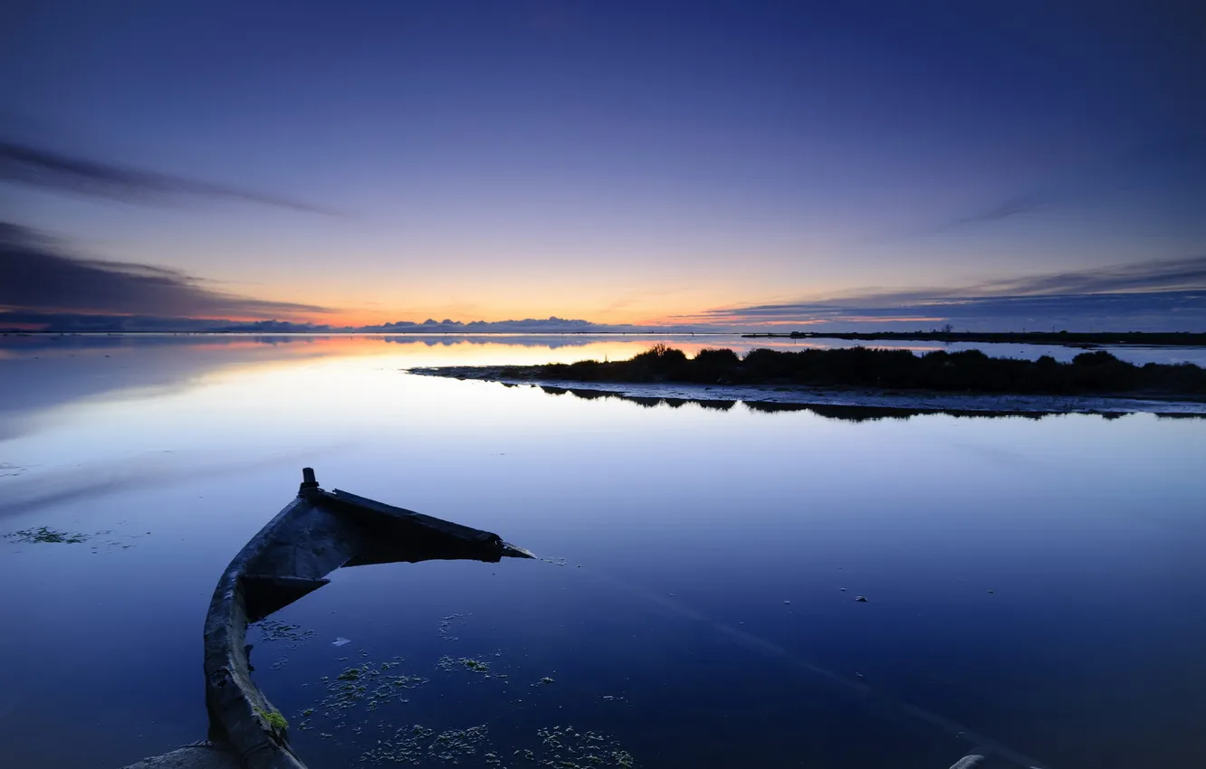 Photo wallpaper landscape, night, lake, boat