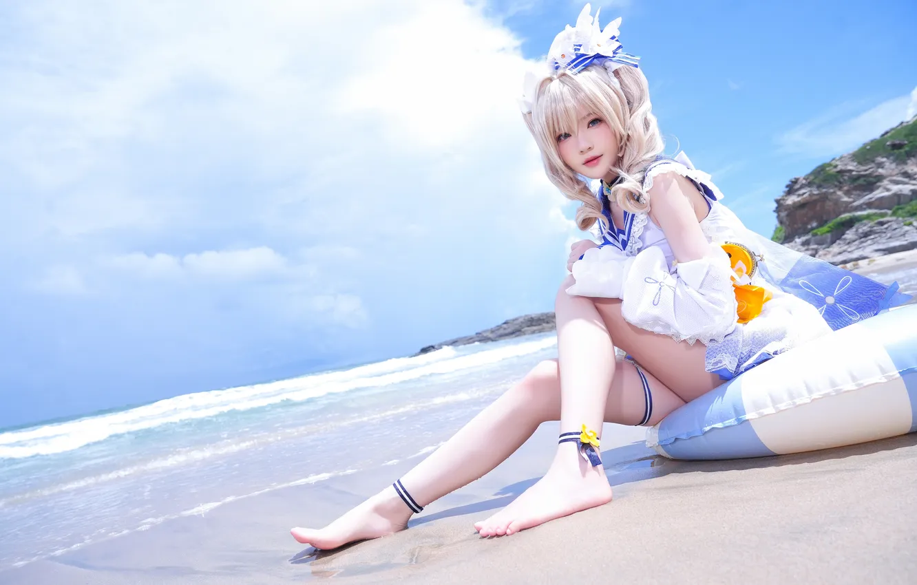 Photo wallpaper clouds, pose, shore, model, barefoot, horizon, legs, Asian