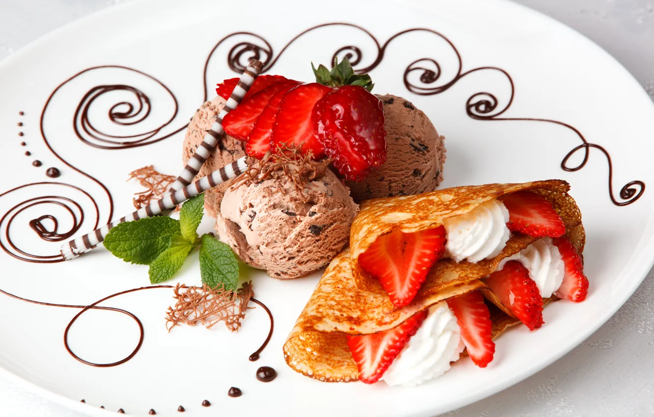 Photo wallpaper strawberry, ice cream, pancakes, mint, dessert, sweet sticks
