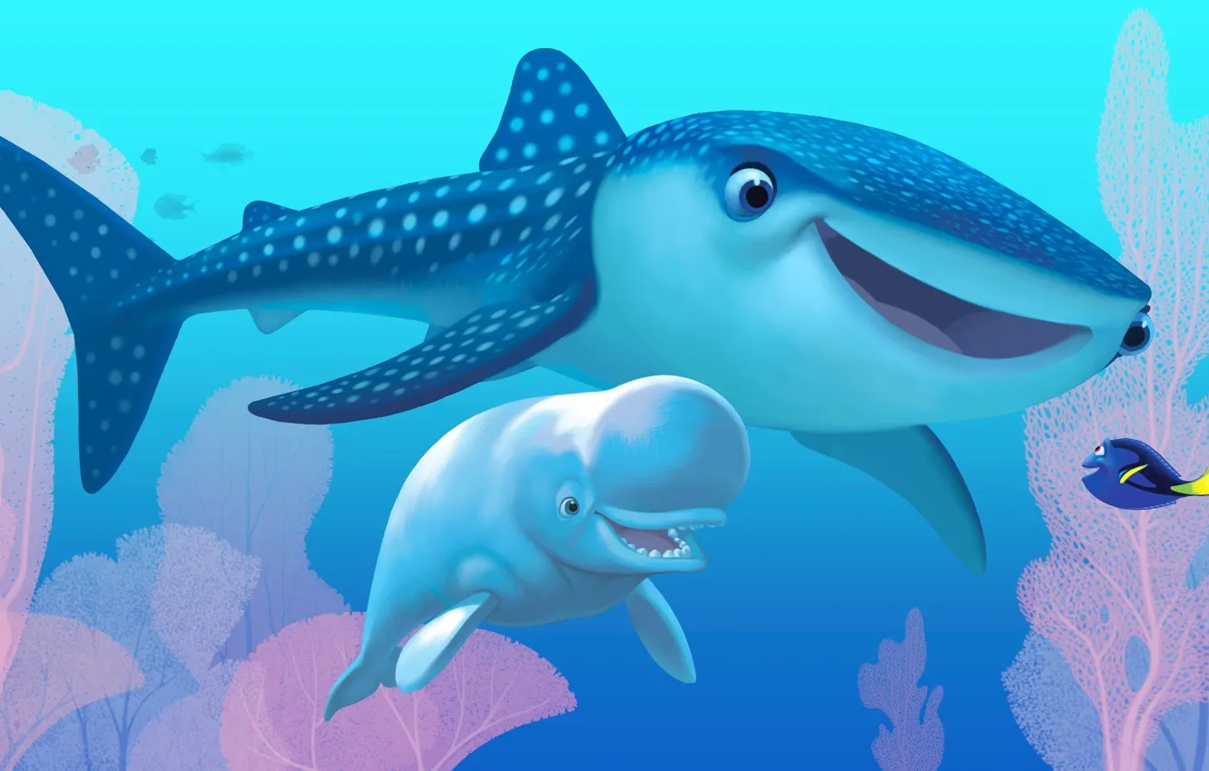 Photo wallpaper white, Pixar, sea, ocean, water, cartoon, friendship, shark