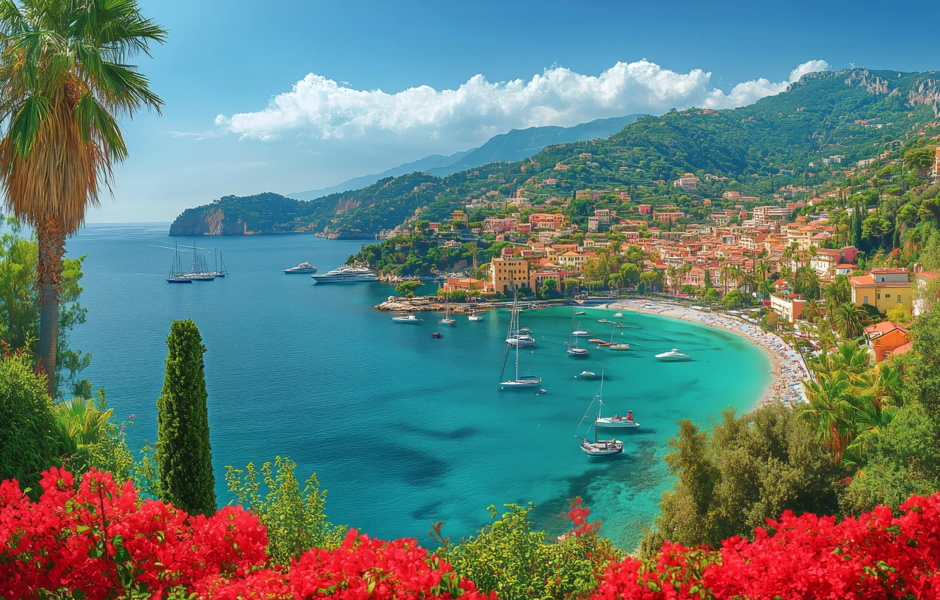 Photo wallpaper sea, beach, summer, the sky, clouds, trees, landscape, flowers