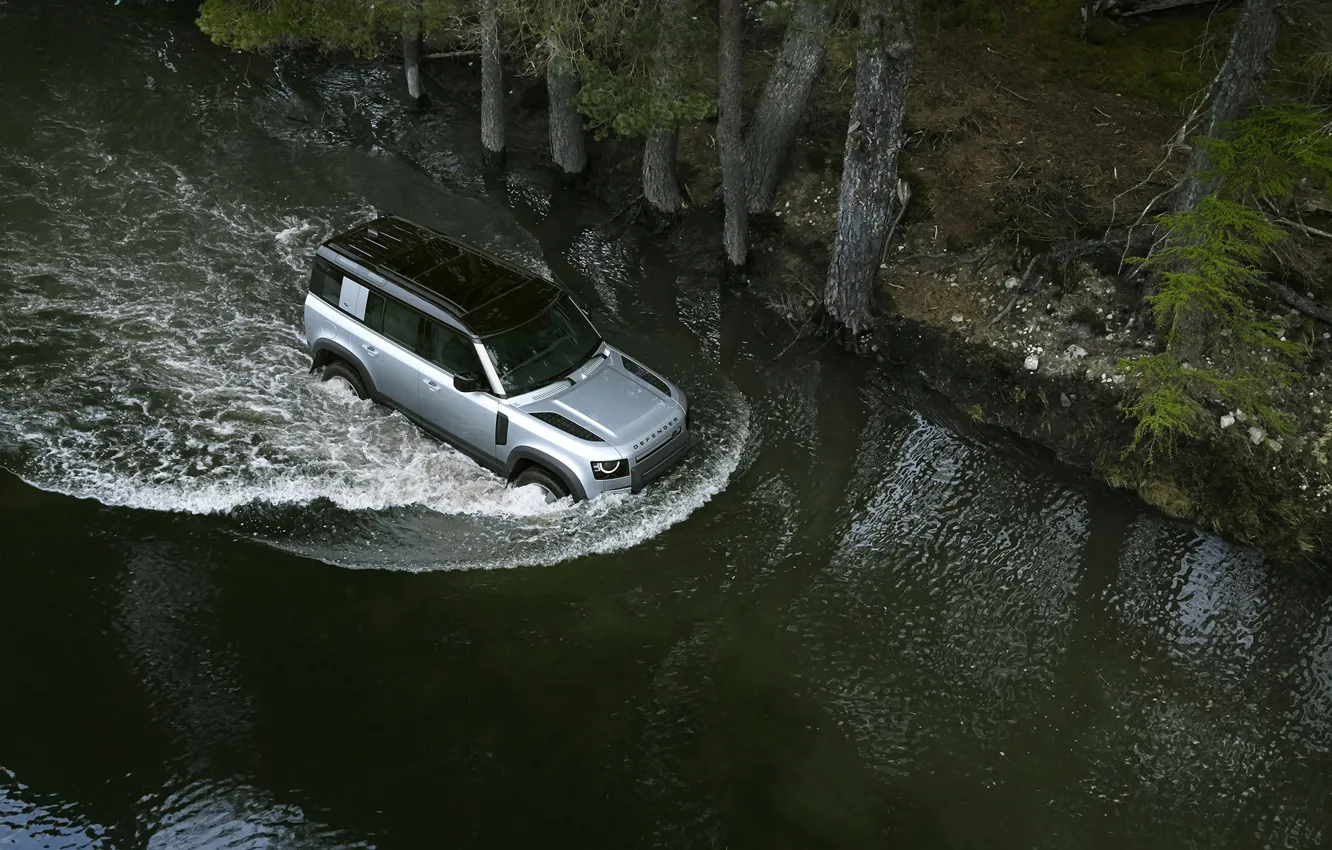 Photo wallpaper auto, water, river, Land Rover, Range Rover, Defender, 110