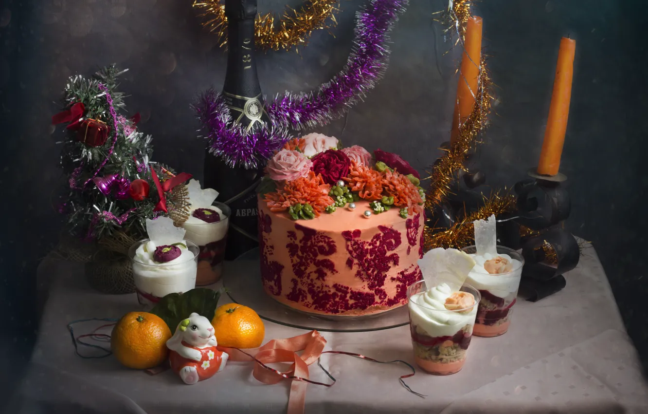 Photo wallpaper holiday, glass, bottle, new year, candles, cake, still life, tinsel