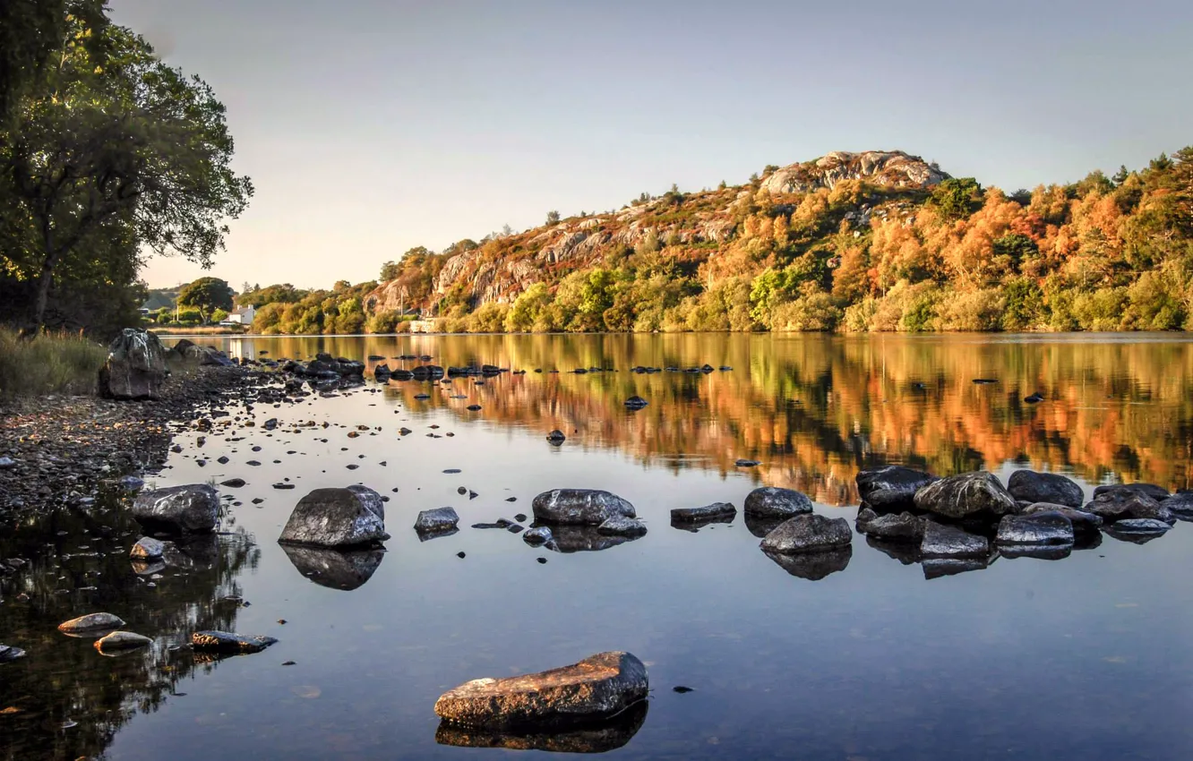 Photo wallpaper lake, stones, Wales, Llyn Padarn