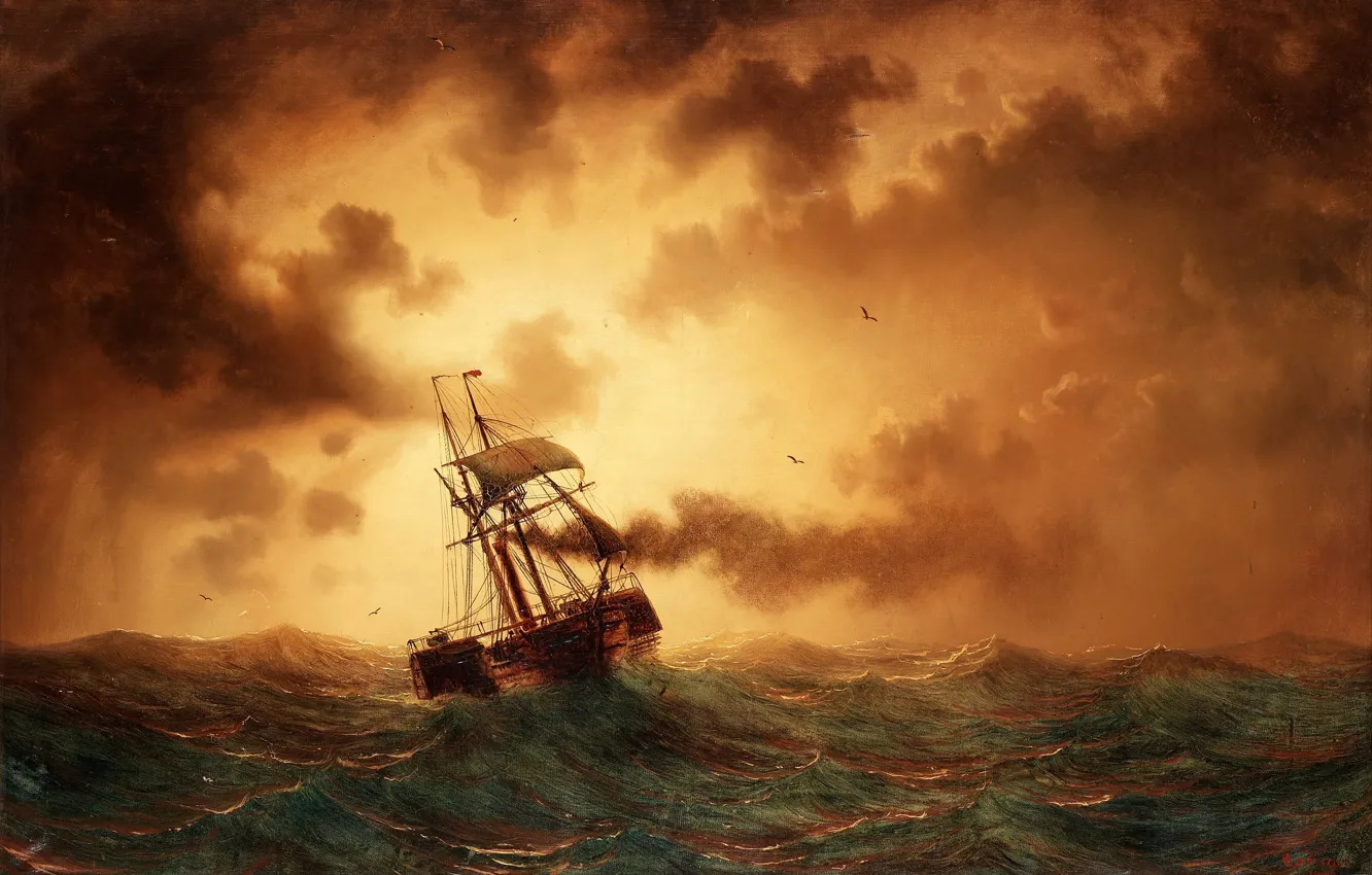 Photo wallpaper sea, wave, the sun, clouds, ship, marcus larson, marinistic
