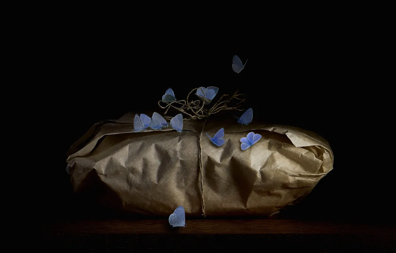 Photo wallpaper butterfly, insects, paper, package, black background, the secret, bundle