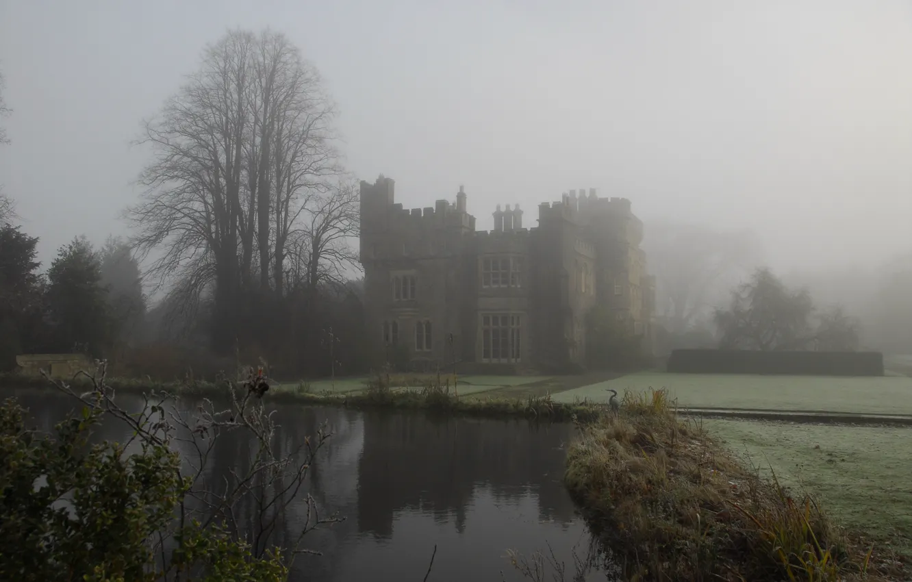 Photo wallpaper the sky, trees, fog, lake, lawn, UK, architecture, Wales