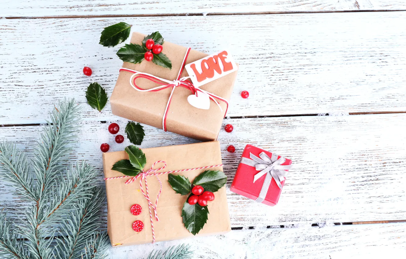 Photo wallpaper snow, decoration, berries, gift, tree, new year, Christmas, Christmas