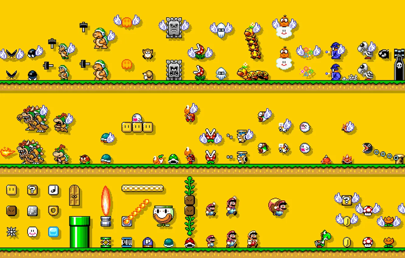 Photo wallpaper the game, art, Mario, pixels, Mario, characters, Super Mario