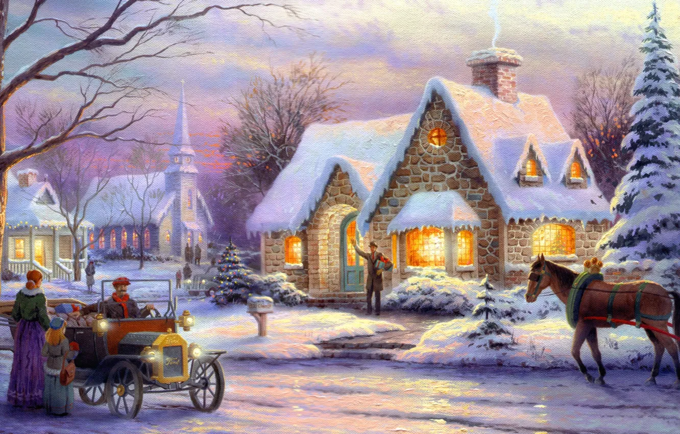 Photo wallpaper winter, machine, retro, people, horse, horse, tree, room
