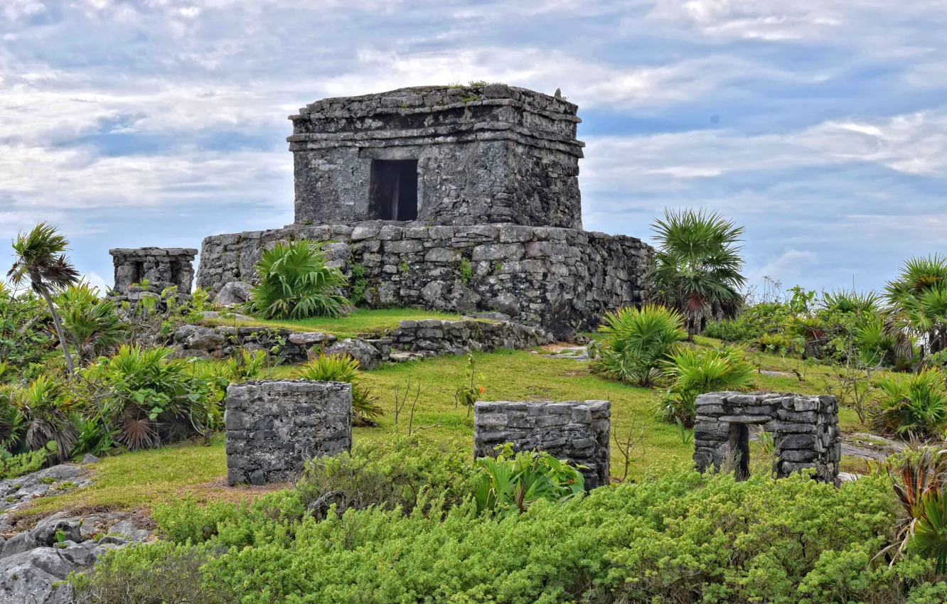 Photo wallpaper the sky, clouds, Mexico, ruins, architecture, Tulum