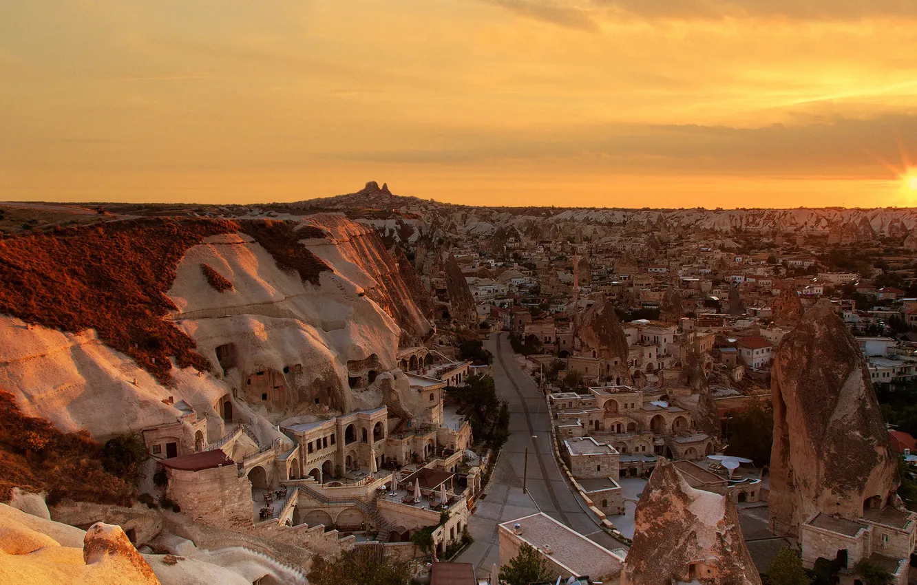 Photo wallpaper road, sunset, the city, rocks, home, the evening, Turkey, national Park