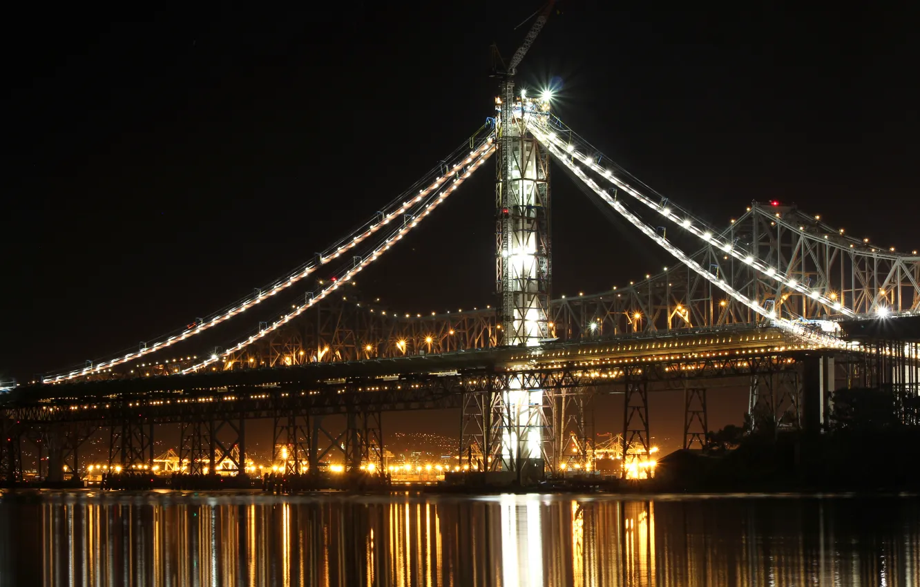 Photo wallpaper reflection, night, bridge, city, CA, Bay, San Francisco, USA