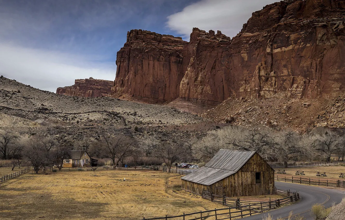 Photo wallpaper road, mountains, house, United States, Utah