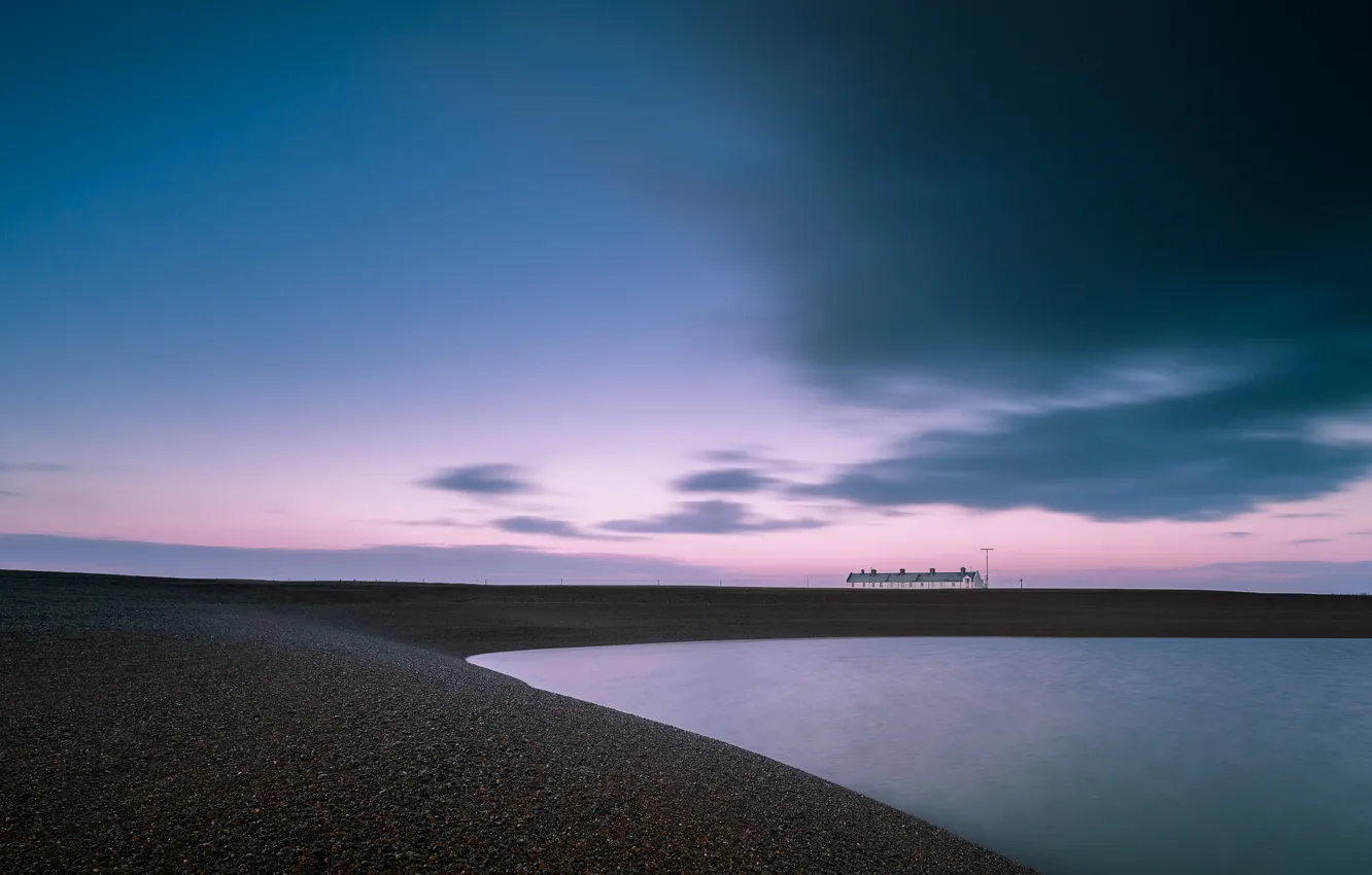 Photo wallpaper the sky, clouds, sunset, clouds, pink, shore, England, the evening