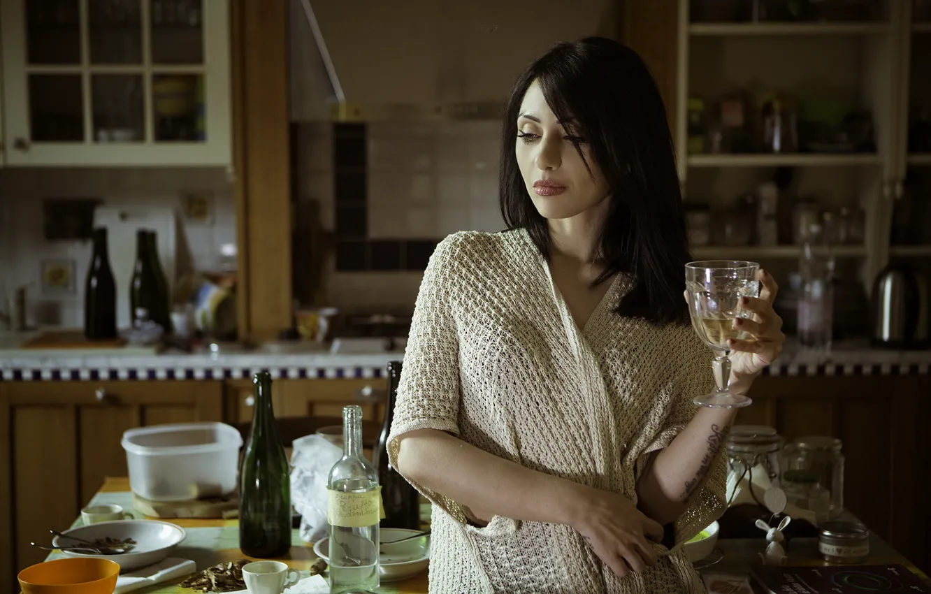Photo wallpaper wine, woman, dress, tattoo, kitchen, composition, a glass of wine