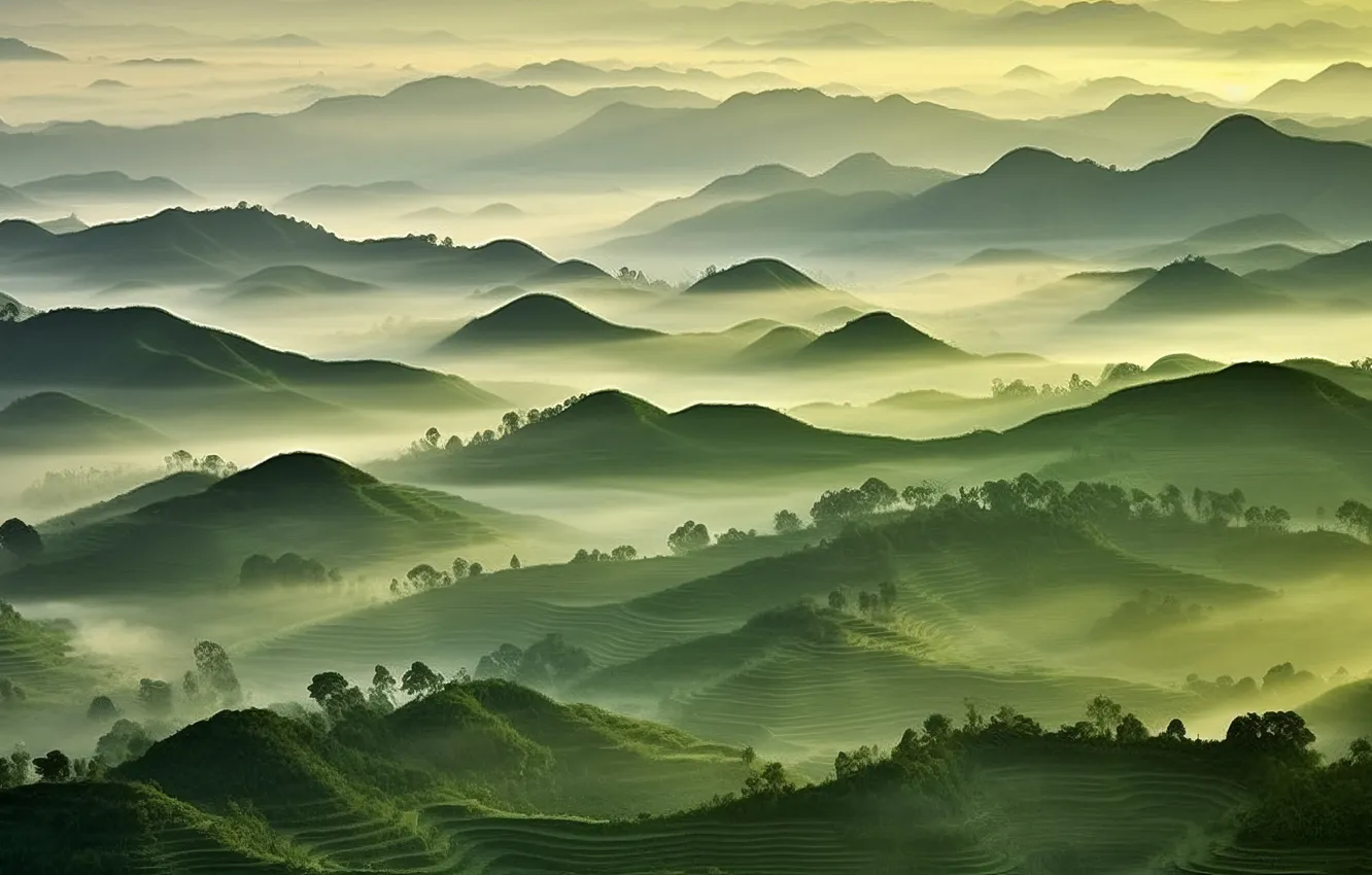 Photo wallpaper green, landscape, mountains, mist, Rice fields, AI Art