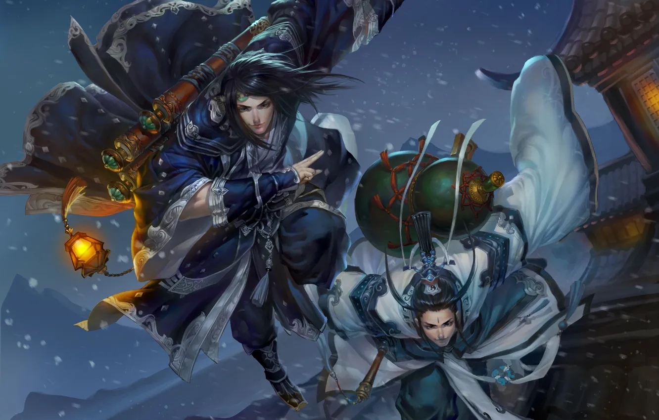 Photo wallpaper roof, night, jump, the game, anime, art, lights, China