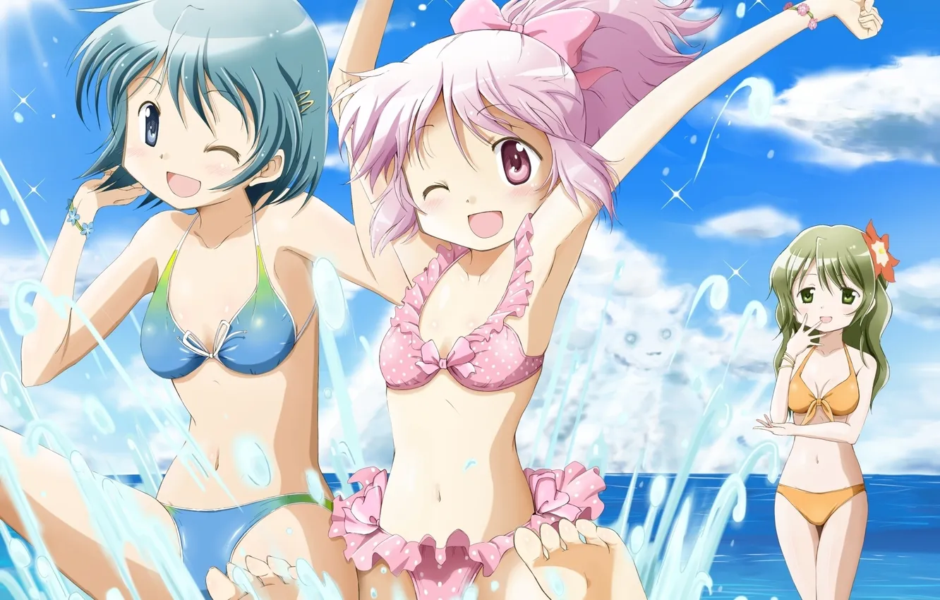 Photo wallpaper the sky, water, girl, clouds, joy, squirt, the ocean, anime