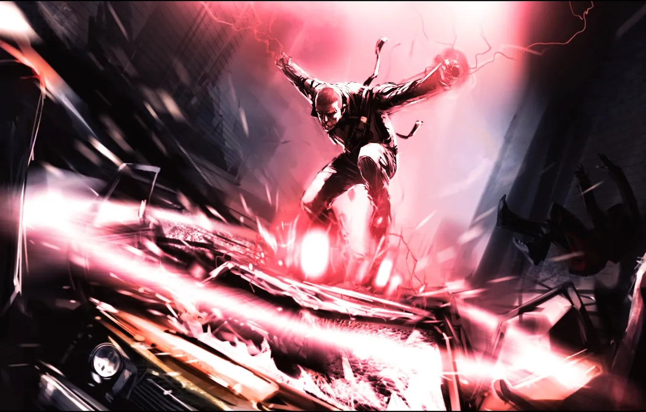 Photo wallpaper lightning, building, hood, the bandits, the machine is broken