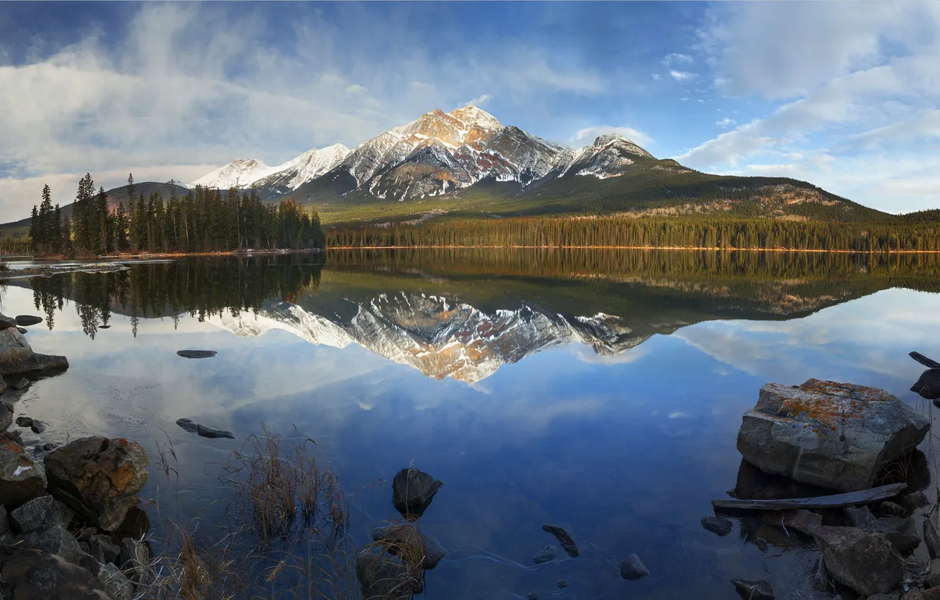 Photo wallpaper lake, rocks, Jasper National Park, Pyramid Island