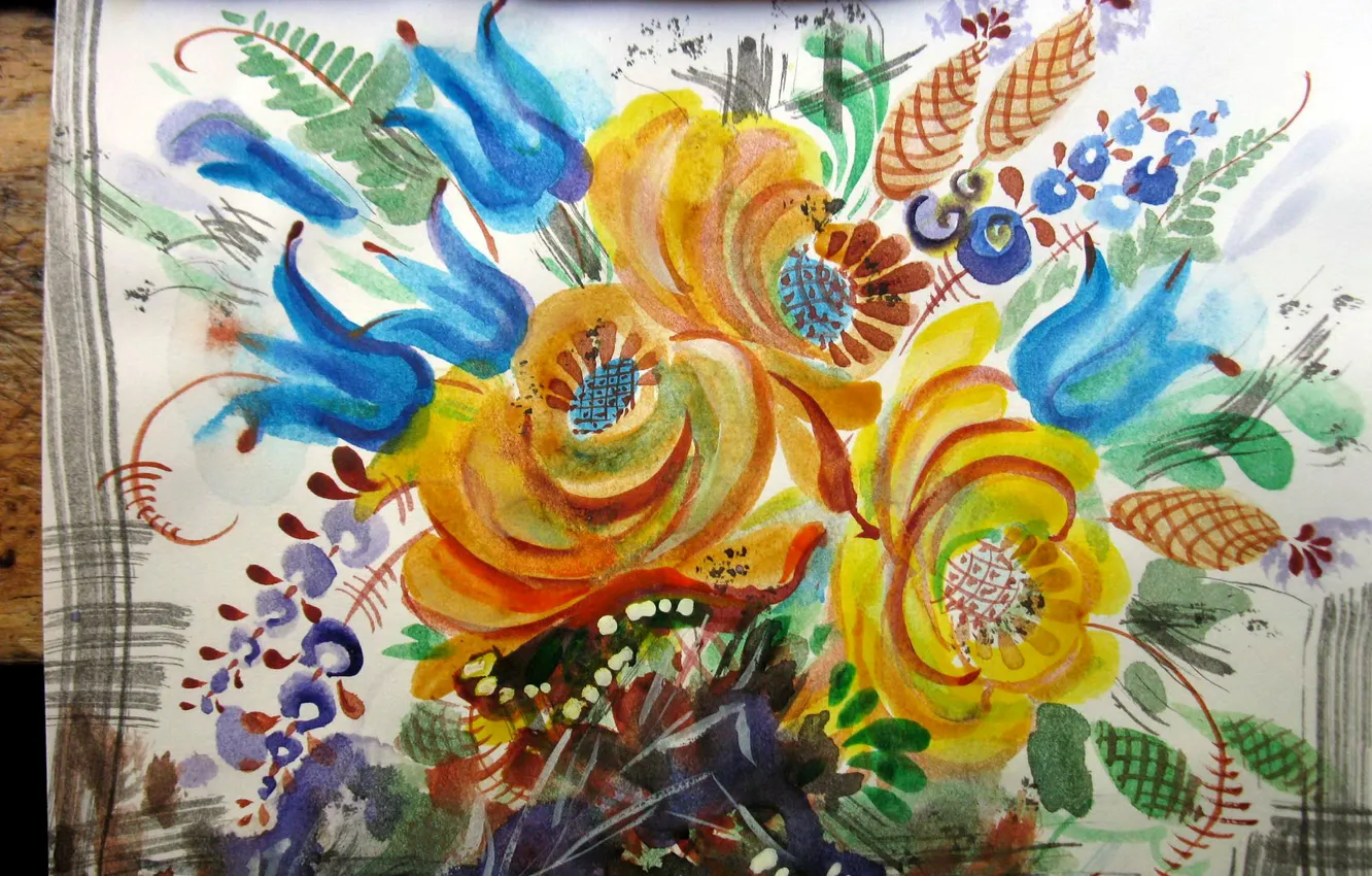 Photo wallpaper flowers, yellow, blue, figure, bouquet