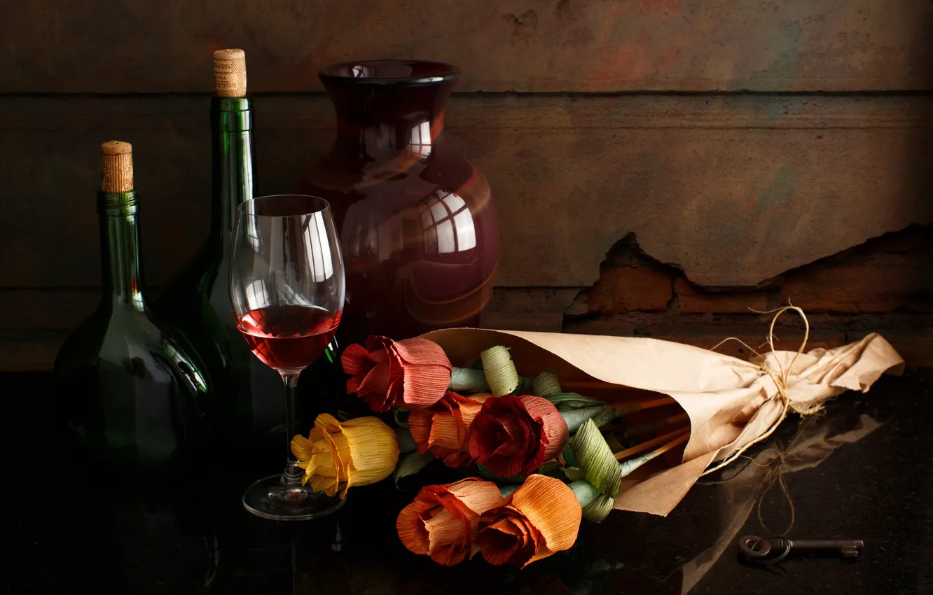 Photo wallpaper style, wine, glass, roses, bouquet, vase, bottle, still life