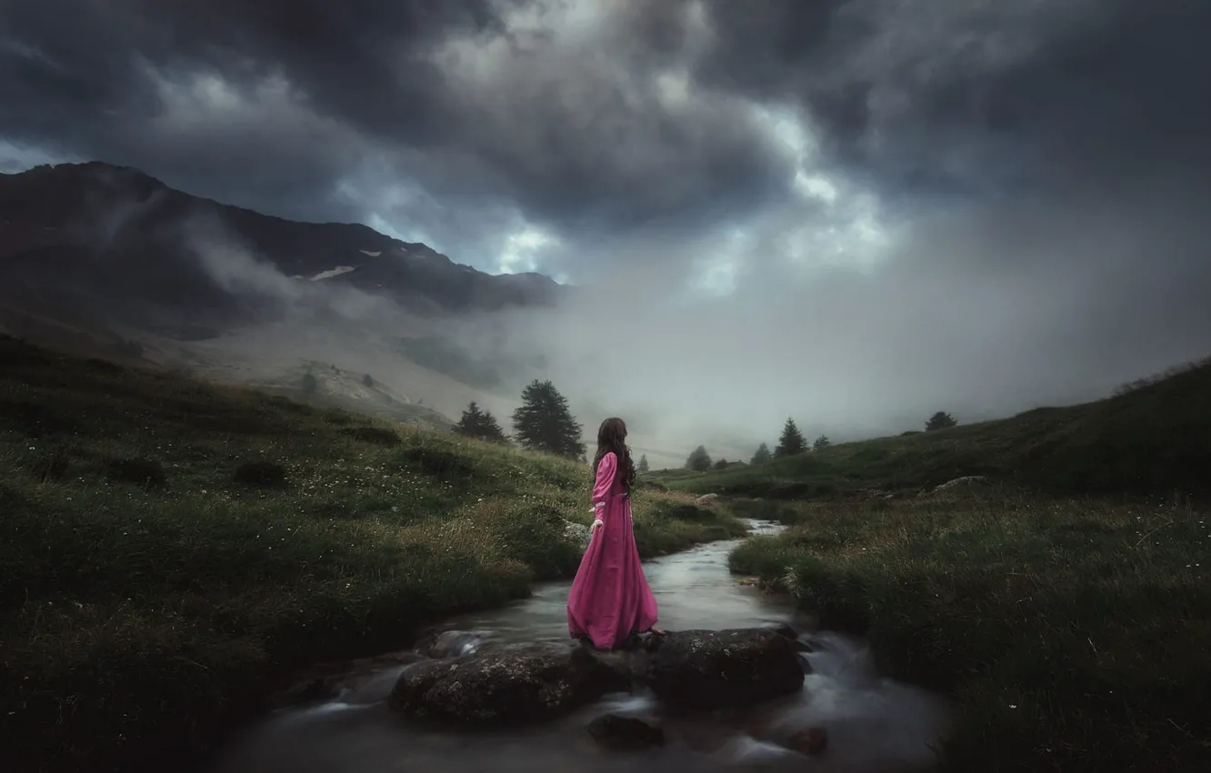 Photo wallpaper the sky, girl, landscape, nature, romance, dal, dress, long hair