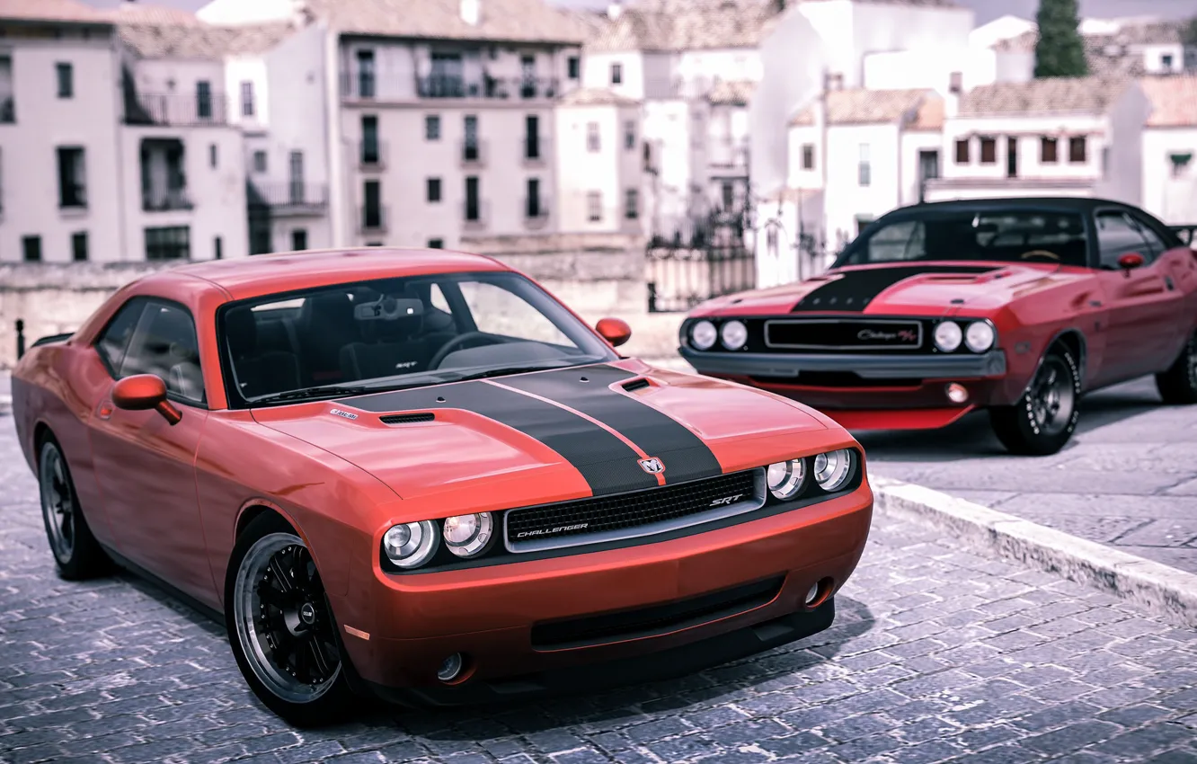 Photo wallpaper the city, rendering, background, Dodge, Challenger, the front, Muscle car, Muscle car