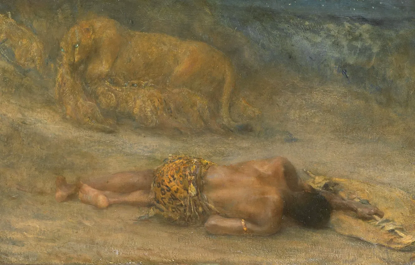 Photo wallpaper oil, picture, canvas, revenge, 1905, John Macallan Swan, Lioness with her Cubs and a Dead …
