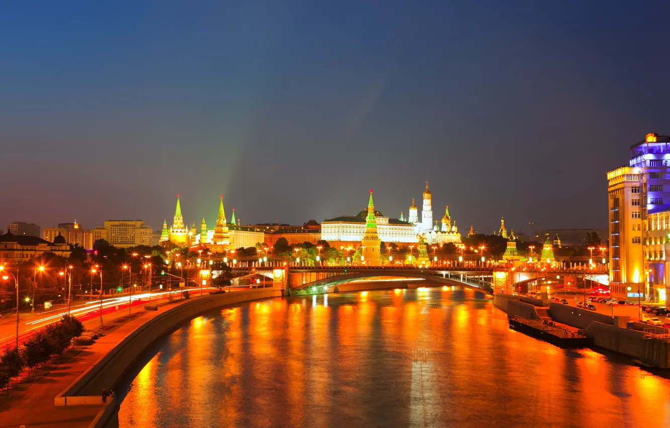 Photo wallpaper road, the sky, night, bridge, the city, lights, reflection, river