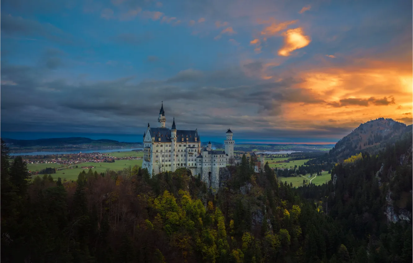 Photo wallpaper trees, sunset, mountains, castle, Germany, Bayern, Germany, Neuschwanstein