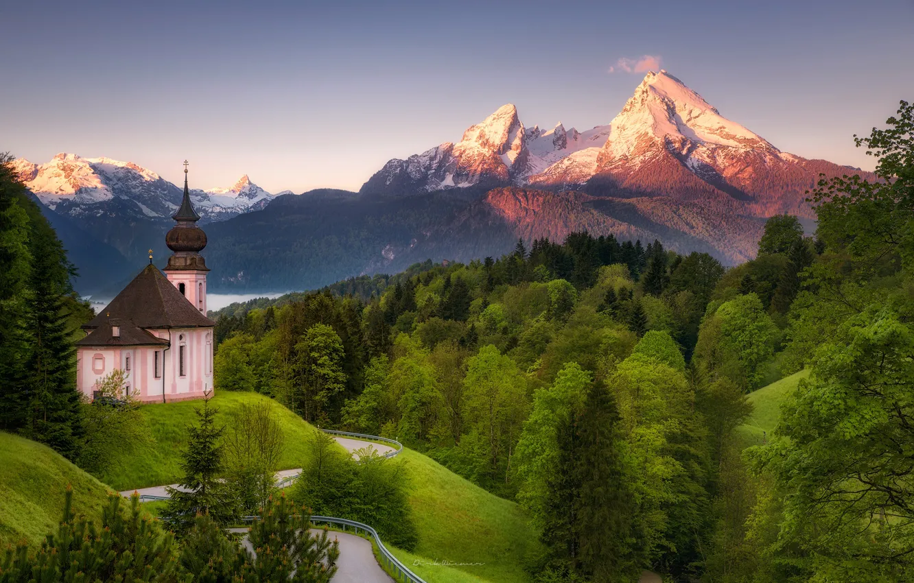 Photo wallpaper forest, mountains, spring, Germany, Bayern, Church