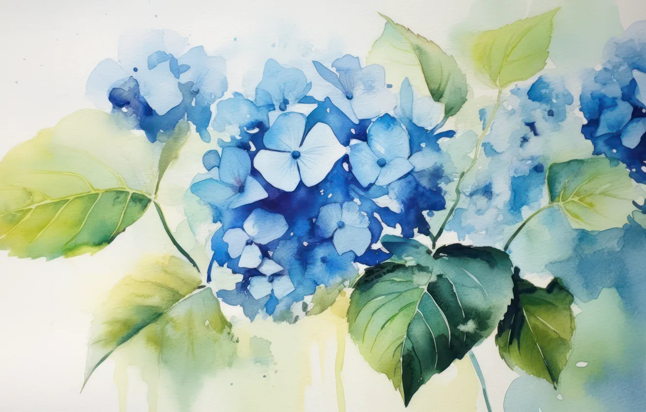 Photo wallpaper flowers, blue, bouquet, painting, hydrangea, AI art, neural network