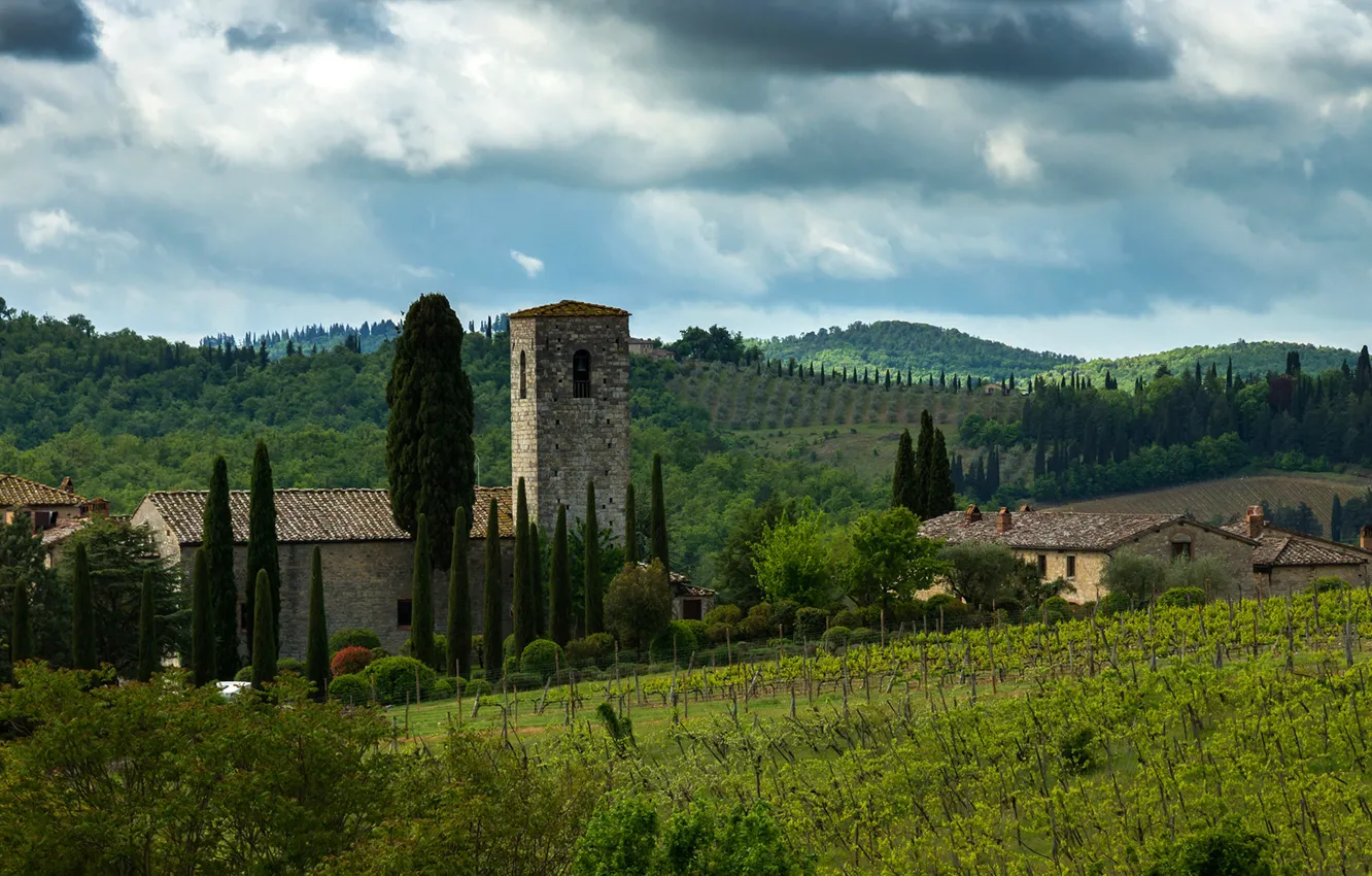 Photo wallpaper greens, the sky, clouds, trees, hills, field, home, Italy