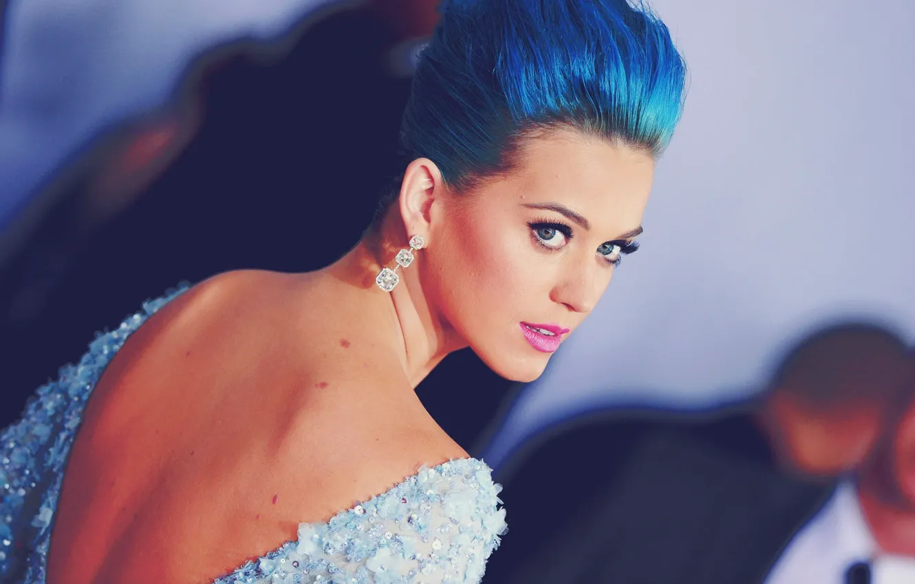 Photo wallpaper look, girl, blue, music, hair, back, earrings, Katy Perry