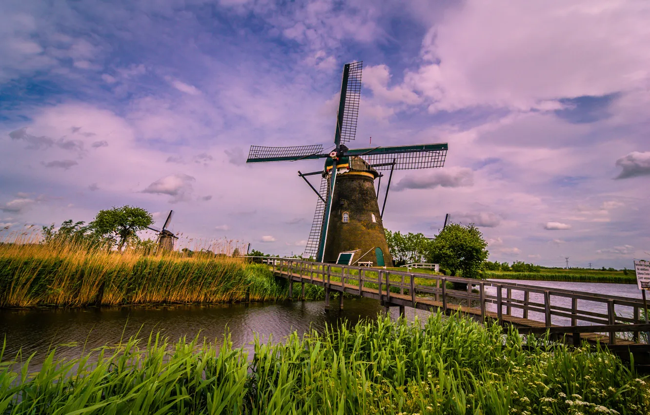 Photo wallpaper bridge, river, channel, Netherlands, windmill, Kinderdijk, Kinderdijk