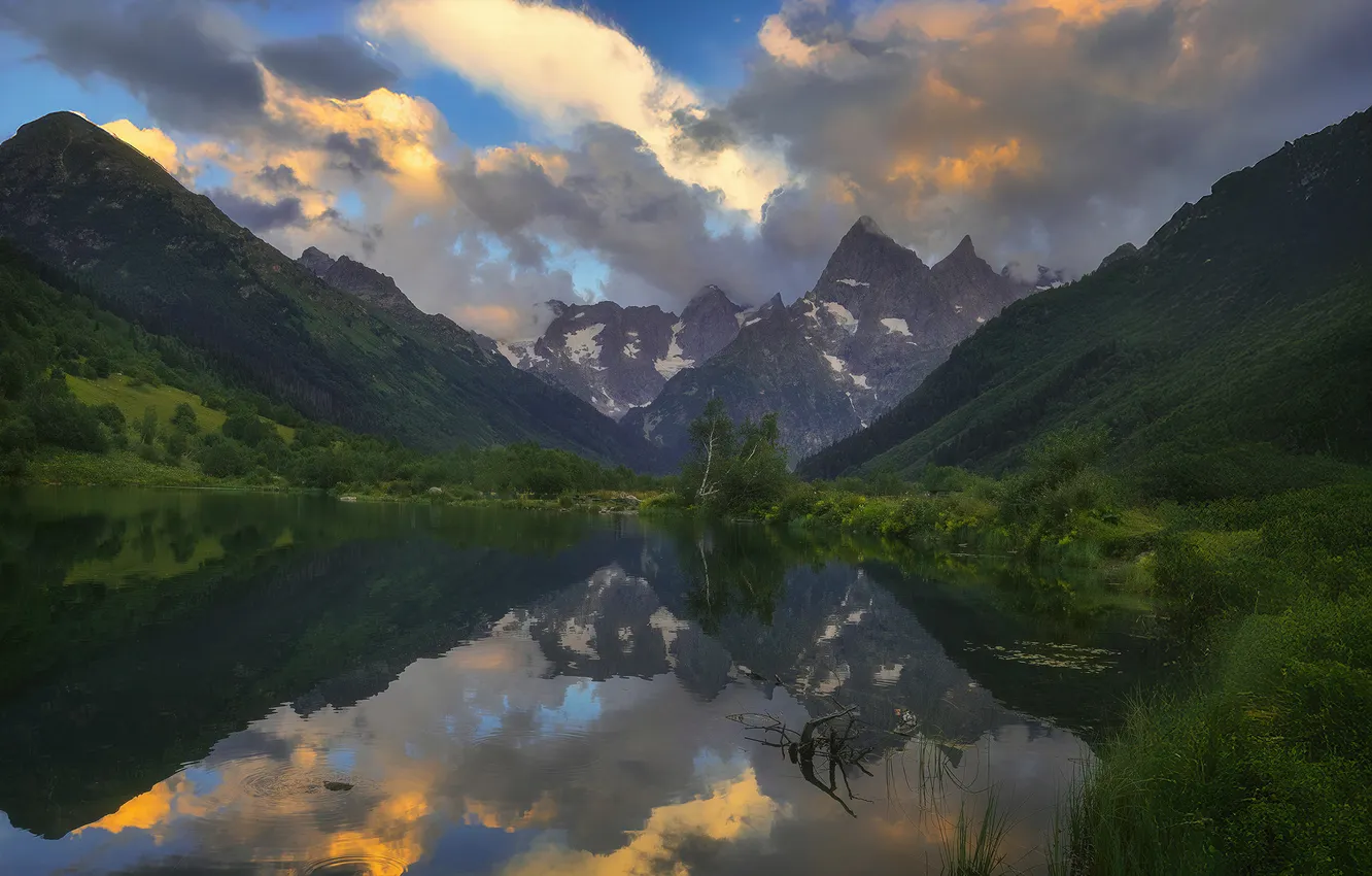 Photo wallpaper clouds, mountains, lake, beauty, Dombay, Kostenko Alexander, The greatness of nature
