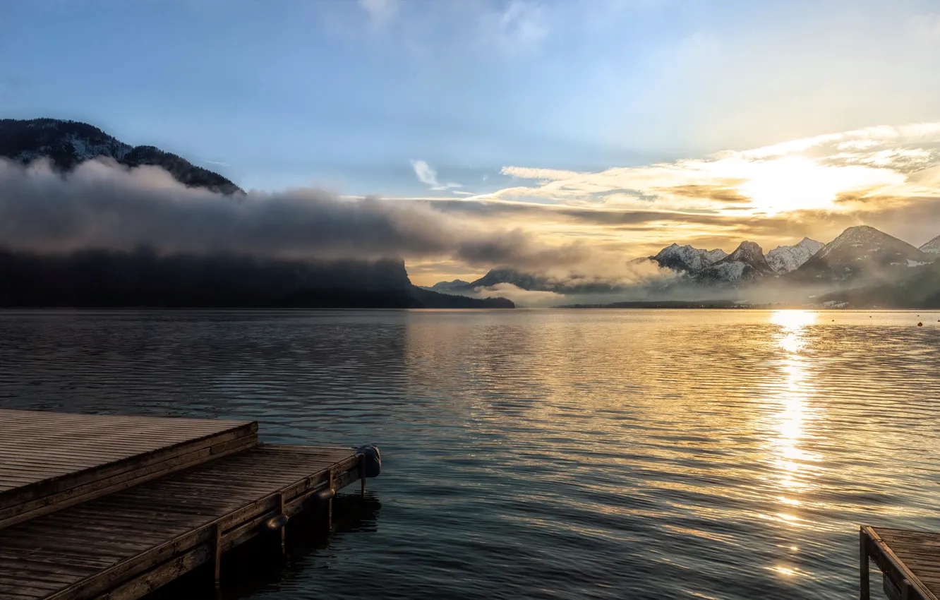 Photo wallpaper sunrise, reflection, Austria, Wolfgangsee, Last morning fog