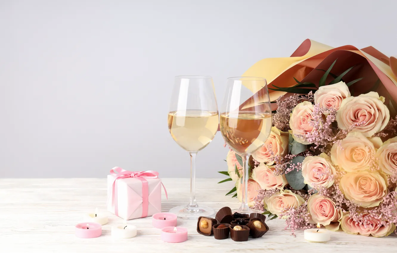 Photo wallpaper love, flowers, romance, roses, candles, glasses, candy, love