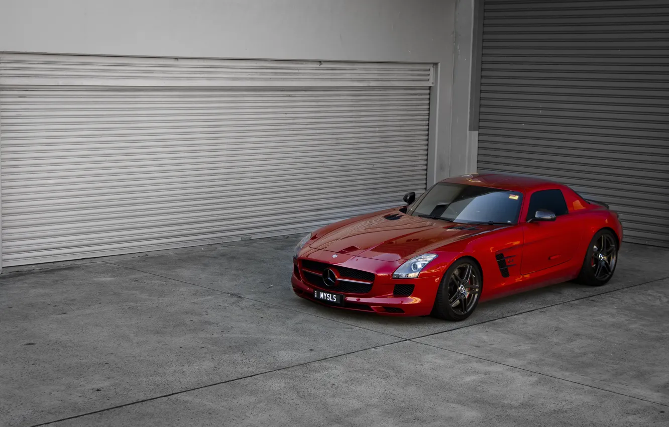 Photo wallpaper red, reflection, red, front view, mercedes benz, sls amg, Mercedes Benz, tinted