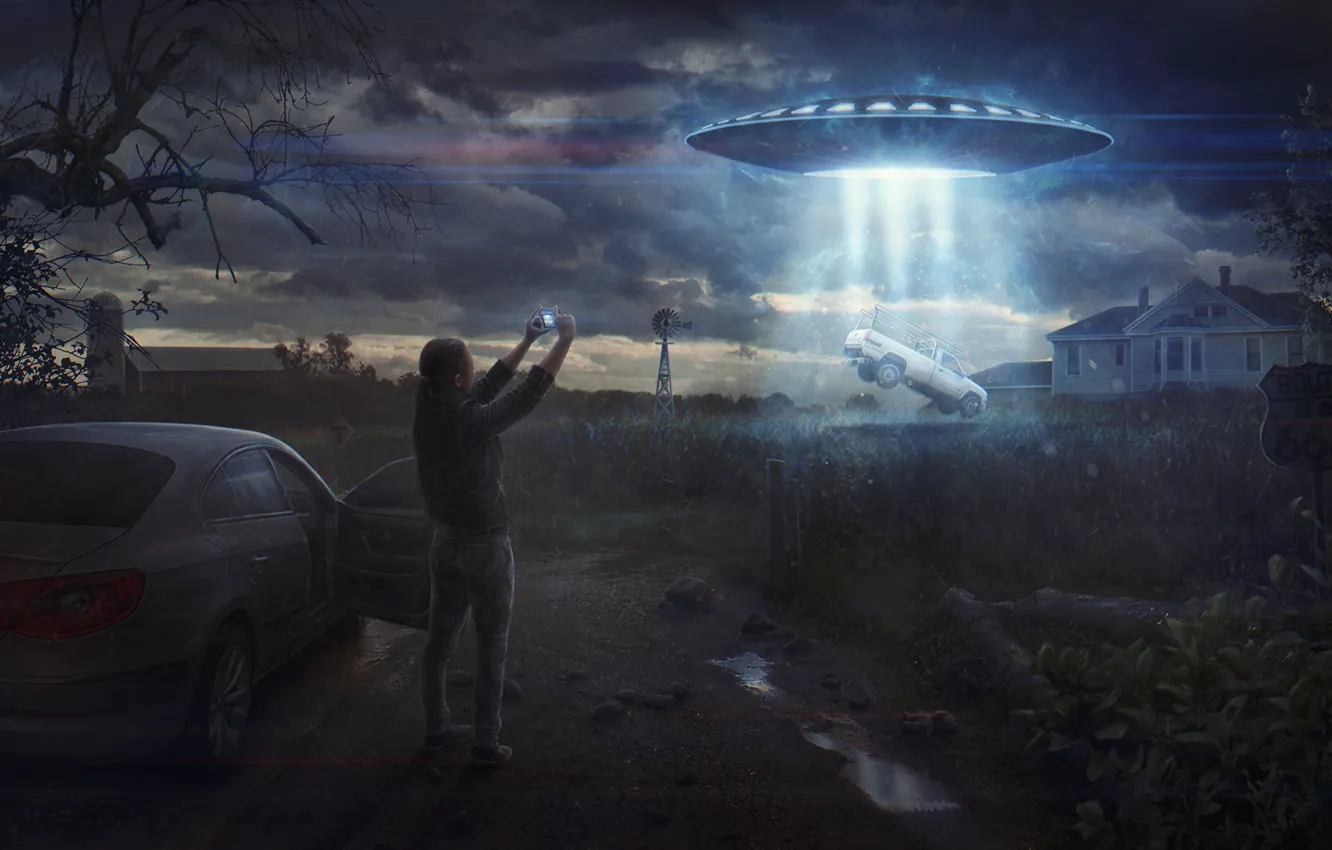 Photo wallpaper field, machine, girl, UFO, farm, flying saucer