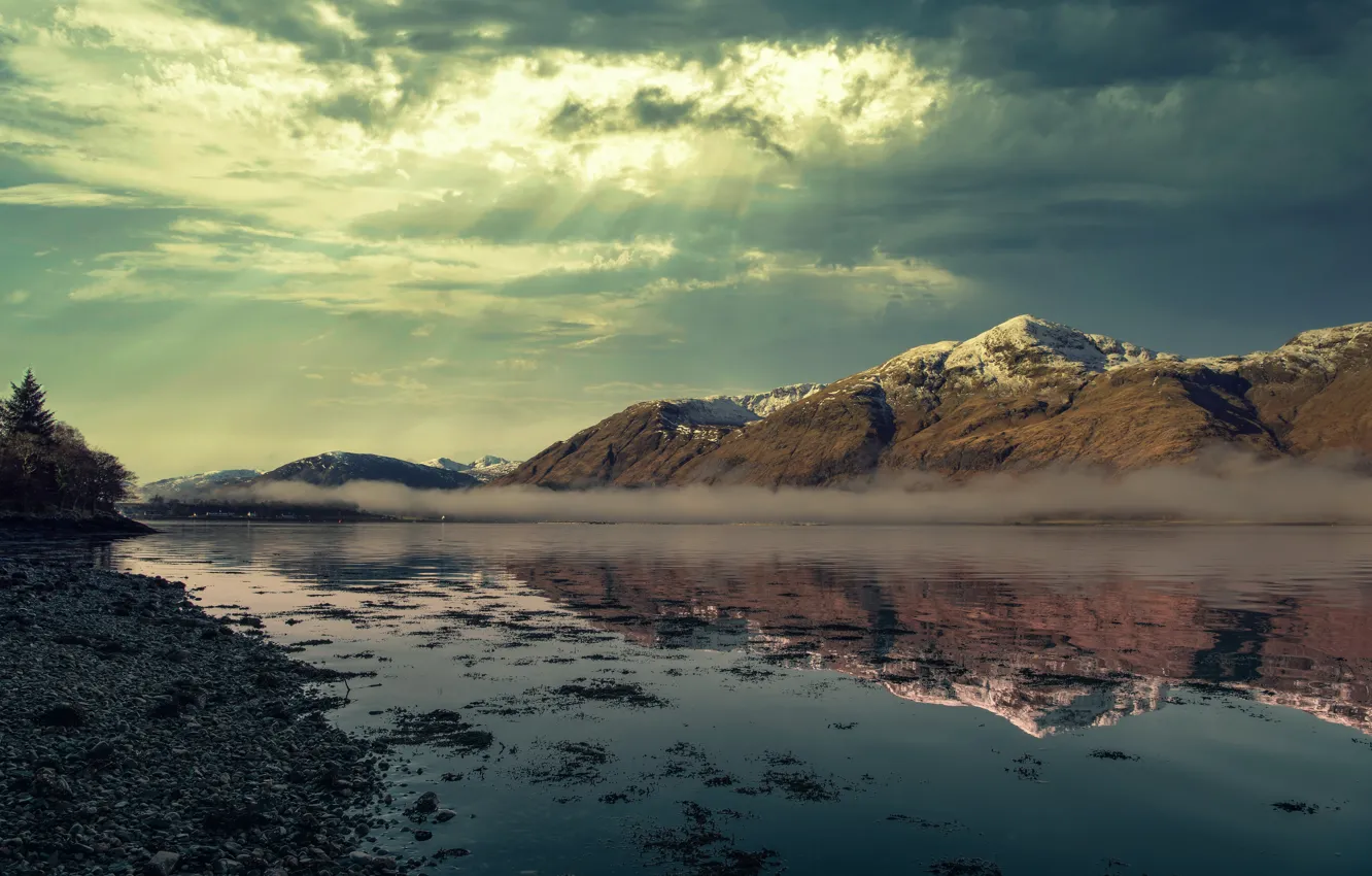 Photo wallpaper Mountain, Scotland, Mist, River, Ray of Hope