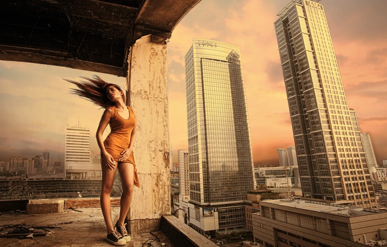 Photo wallpaper girl, the city, the wind, construction, height, sneakers, home, dress