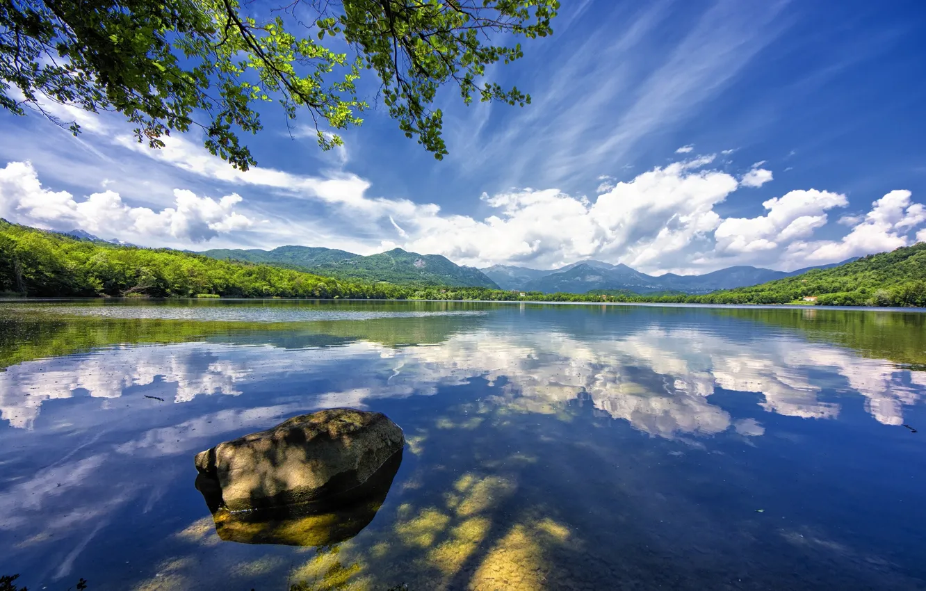 Photo wallpaper clouds, lake, reflection, stones, Italy, Italy, Avigliana, Small Lake