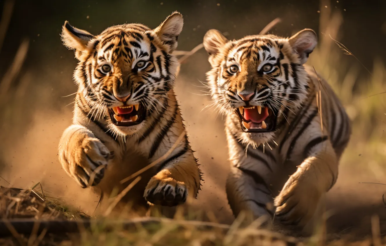 Photo wallpaper Kittens, Running, Striped, Two, Digital art, Tigers, Grin, Predators