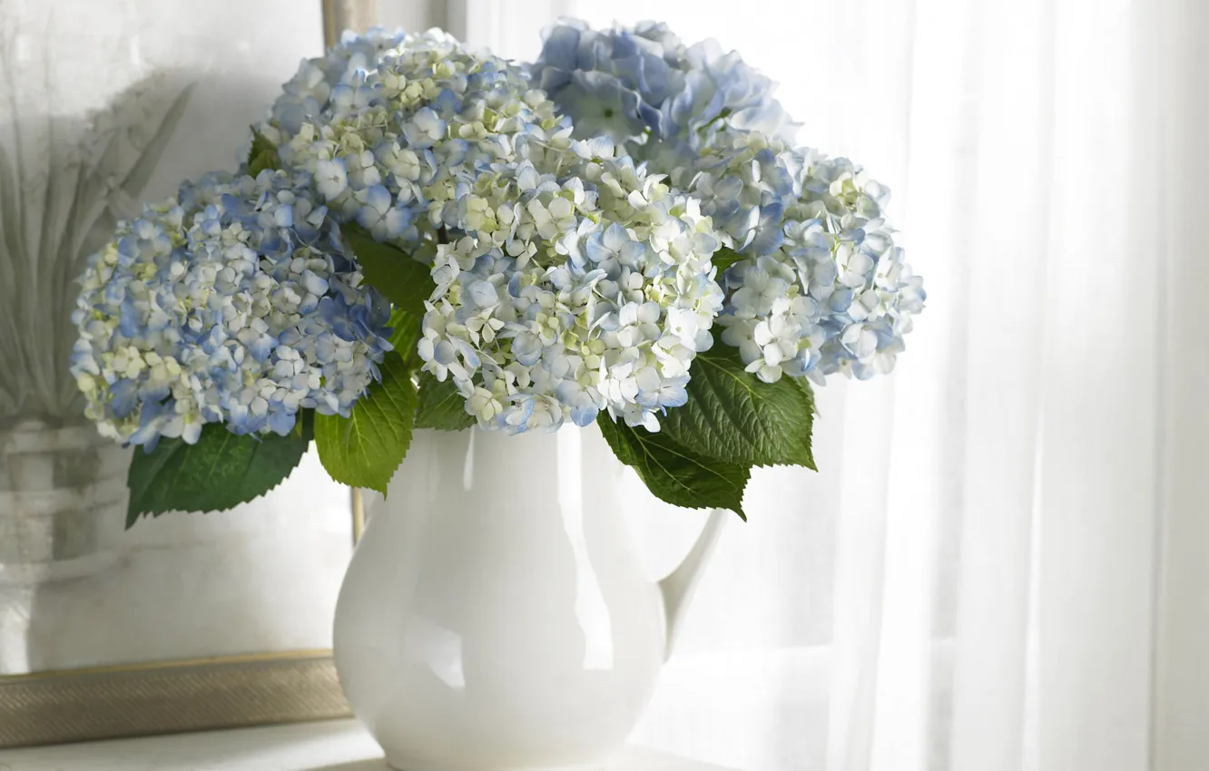 Photo wallpaper flowers, purity, bouquet, picture, blue, vase, white