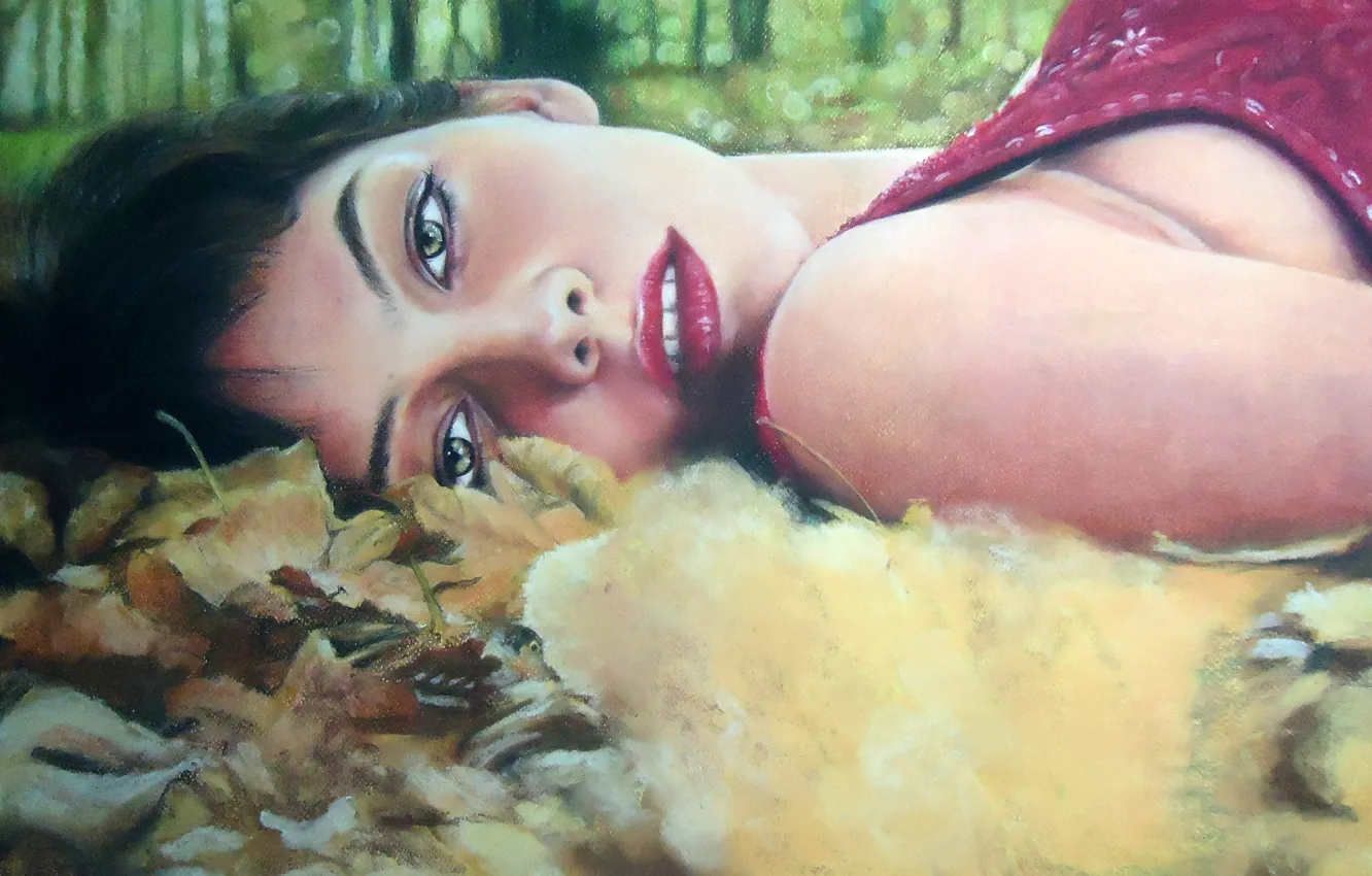 Photo wallpaper autumn, look, leaves, girl, face, hair, makeup, painting